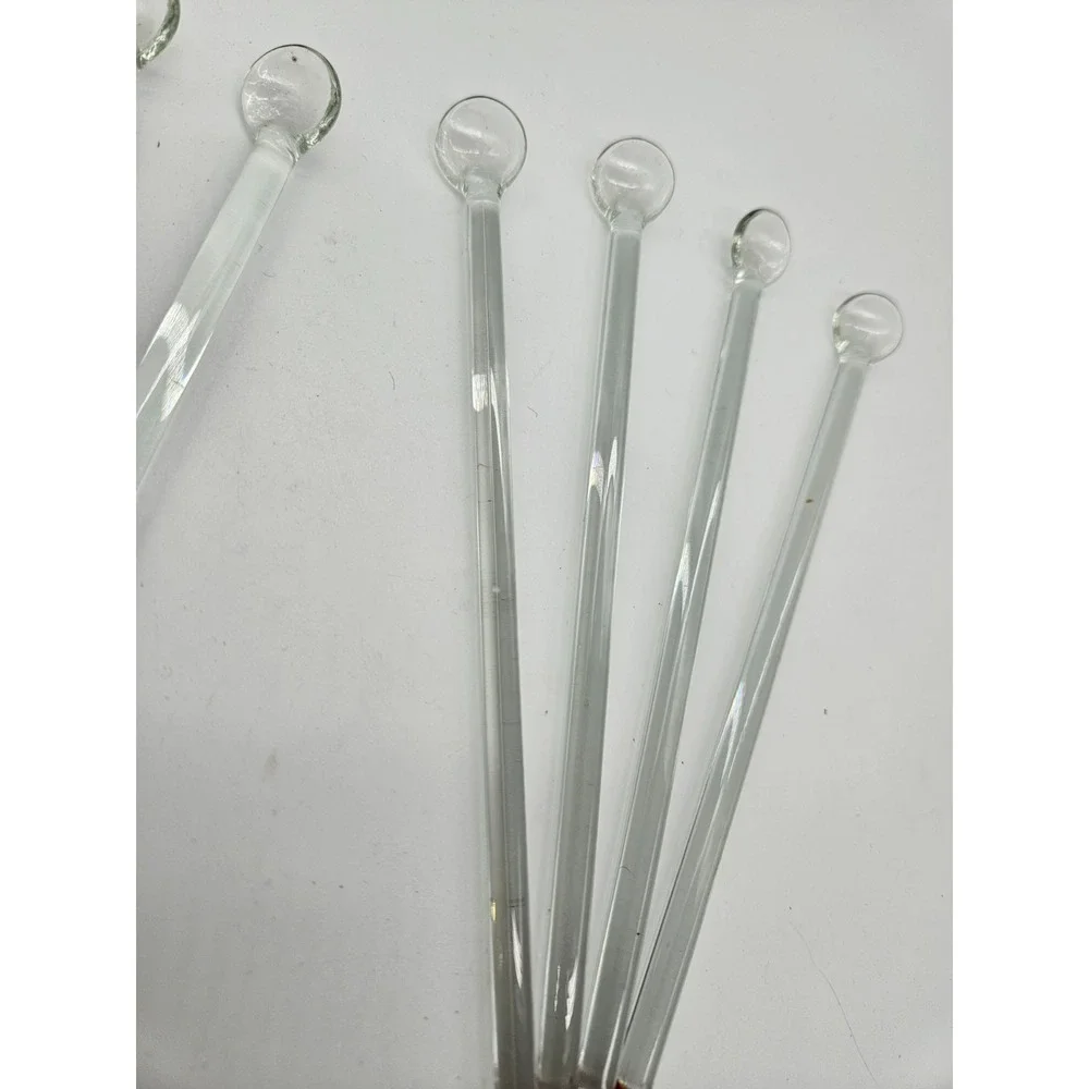 VINTAGE Set of‎ 8 Clear Glass Stirrers with Round RED Ends Cocktail Drink Mixers